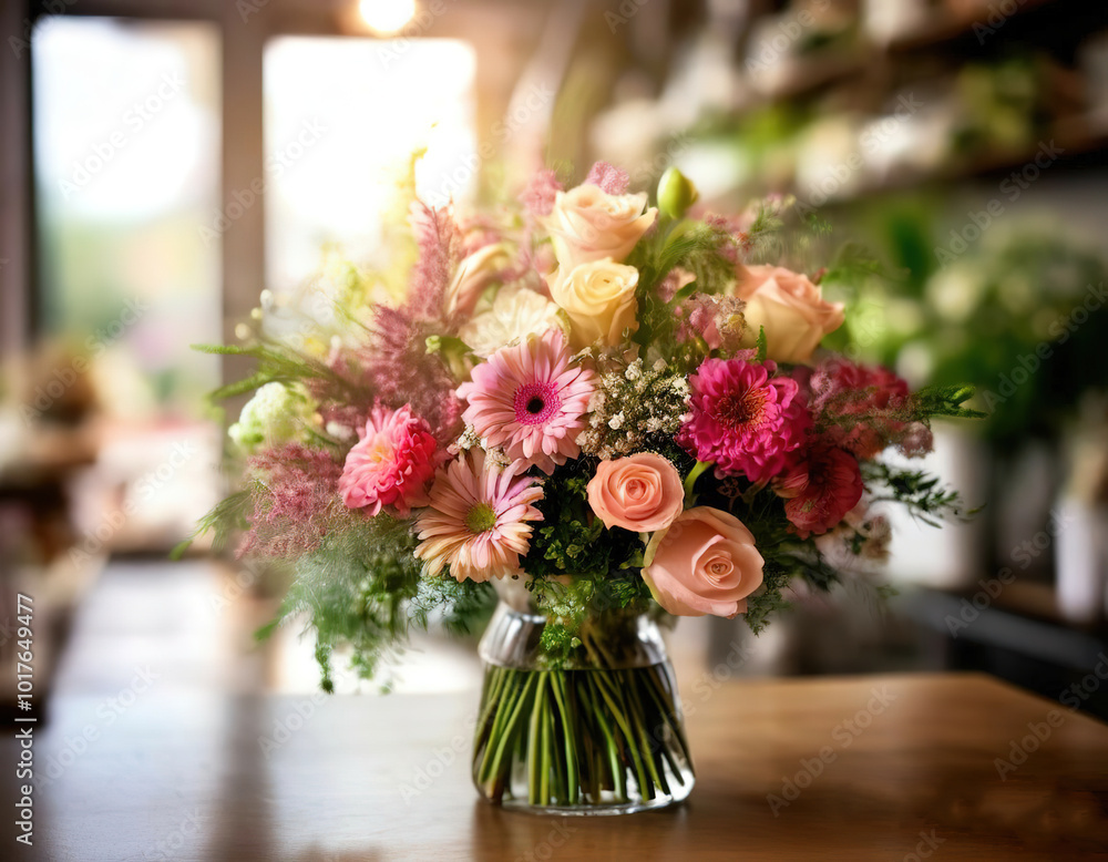 a beautiful bouquet of flowers over the background of a blurred flower shop. a beautiful bouquet of flowers over the background of a blurred flower shop.