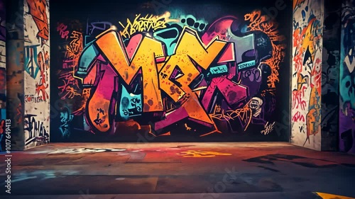 A vibrant graffiti mural in an urban alleyway features a large tag in bold, colorful letters