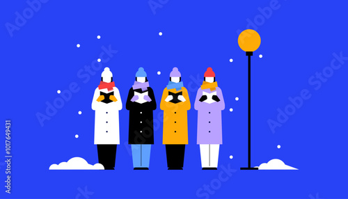 A small group of carolers, dressed in traditional winter coats and scarves, singing festive tunes on a snowy street. minimal illustration style