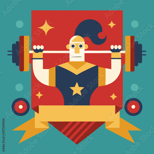 Strongman Badge: A flat design illustration of a powerful weightlifter, lifting a barbell, set against a bold, geometric background.  This illustration is ideal for fitness brands, gyms.