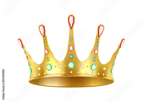 Royal golden crown adorned with gemstones realistic vector illustration. Luxury jewelry for queens and kings 3d object on white background