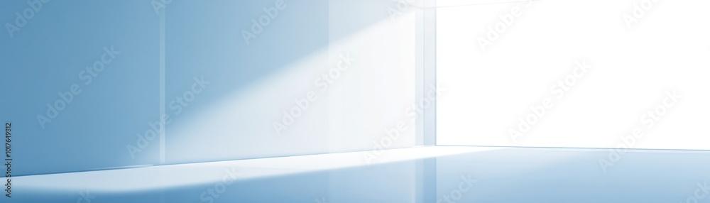 A serene, minimalistic space with soft blue tones and light streaming through. A serene, minimalistic space with soft blue tones and light streaming through.