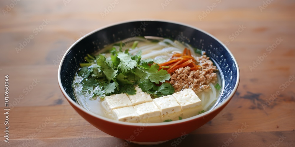 a bowl of soup with tofu and vegetables a bowl of soup with tofu and vegetables