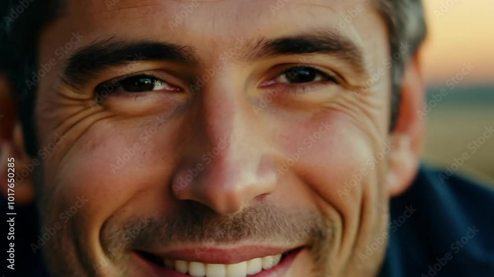 Close-up of a smiling man's eyes and face with warm lighting at sunset Close-up of a smiling man's eyes and face with warm lighting at sunset