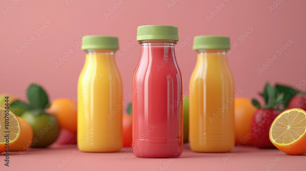 Arrangement of fresh and vibrant organic fruit juice bottles made from various citrus and tropical fruits displayed on a colorful studio background  The bottles are transparent glass containers