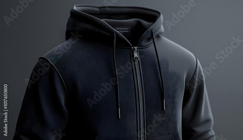 Black men’s zip-up hoodie mockup template with front and back views, ideal for apparel design, e-commerce, and branding projects. 