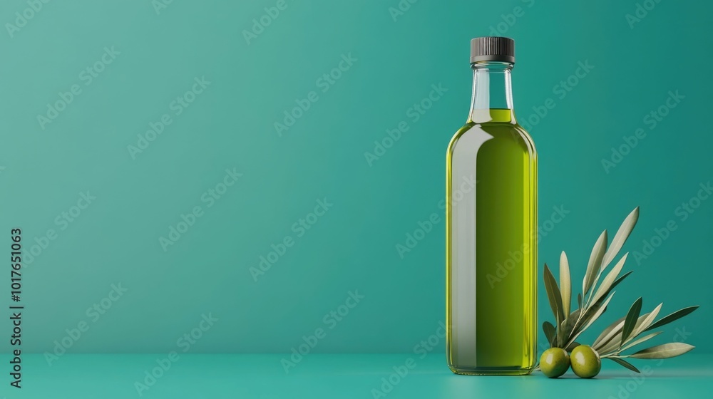 Stylized 3D of an organic glass olive oil bottle with fresh green olives and leaves against a minimalist deep green background Depicts a Mediterranean olive oil product Stylized 3D of an organic glass olive oil bottle with fresh green olives and leaves against a minimalist deep green background Depicts a Mediterranean olive oil product
