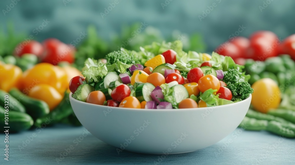 Abundant Organic Salad Bowl Brimming with a Vibrant Mix of Fresh Colorful Vegetables like Tomatoes Peppers Broccoli and More A Healthy Nutritious Meal Ingredient or Recipe Abundant Organic Salad Bowl Brimming with a Vibrant Mix of Fresh Colorful Vegetables like Tomatoes Peppers Broccoli and More A Healthy Nutritious Meal Ingredient or Recipe