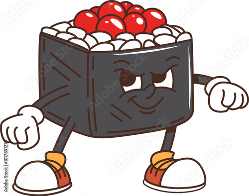 Cartoon retro groovy sushi roll character of Japanese food with freaky face, vector comic personage. Funny groovy sushi roll with rice and caviar in nori seaweed as retro cartoon samurai character