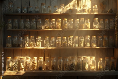 Shelves filled with jars of herbs and spices.