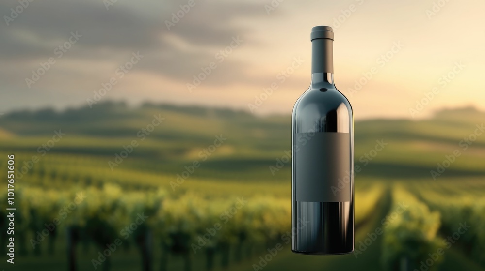Fototapeta premium Organic Wine Bottle Nestled in a Picturesque Vineyard Landscape Bathed in the Warm Glow of a Serene Sunset Over Rolling Hills