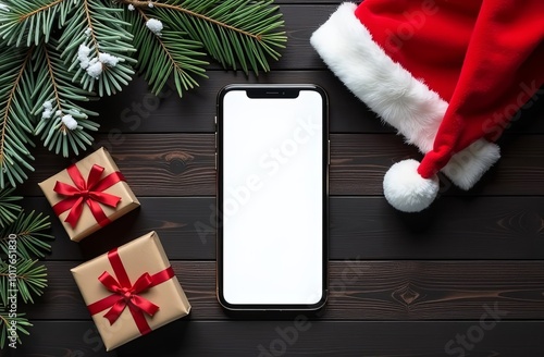 Digital phone mock up with Christmas decorations for app presentation with empty space for you design. Christmas online shopping concept. Tablet with copy space on dark background.