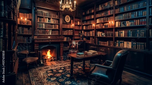 Classic dark library with wooden shelves, chandelier, and a glowing fireplace in a peaceful evening. Vintage cozy reading retreat concept. Seamless time-lapse animation video background