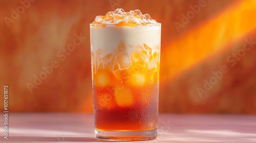 Refreshing drink with ice and cream on top, perfect for warm summer days.