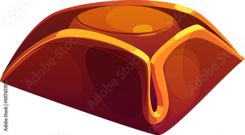 Cartoon pirate tricorn hat features a rich brown color with golden highlights. Vector brimmed captain or marine rover cap, accessory with turned up corners, reflecting adventurous spirit of corsairs