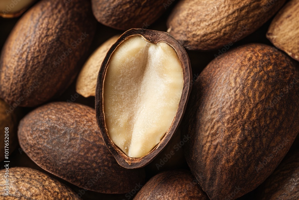 Whole Brazilian nuts showcasing their natural texture and rich color against a dark background Whole Brazilian nuts showcasing their natural texture and rich color against a dark background