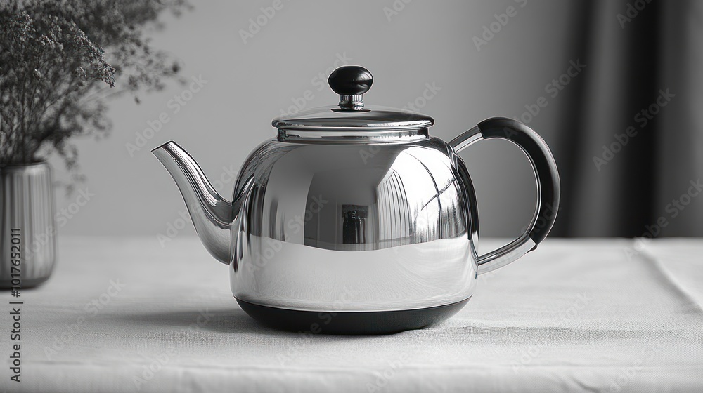 Shiny Silver Teapot on a White Tablecloth Shiny Silver Teapot on a White Tablecloth