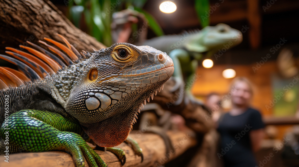 Fototapeta premium A friendly exotic pet adoption center, showcasing various animals like reptiles and birds in spacious enclosures, while families interact with the pets.