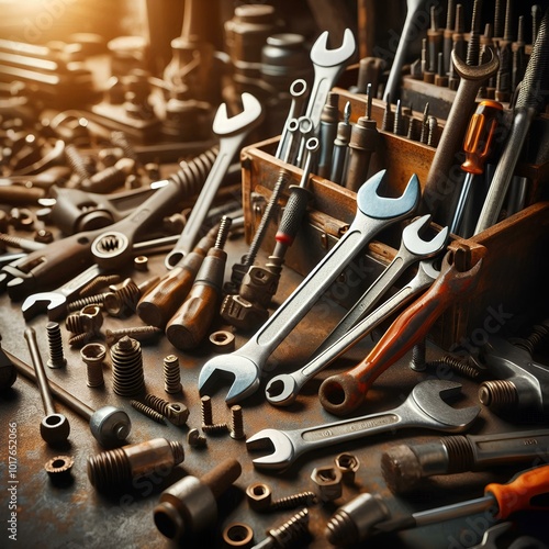 Assorted rusty wrenches, screwdrivers, and screws in a mechanic's workshop with a blurred background.