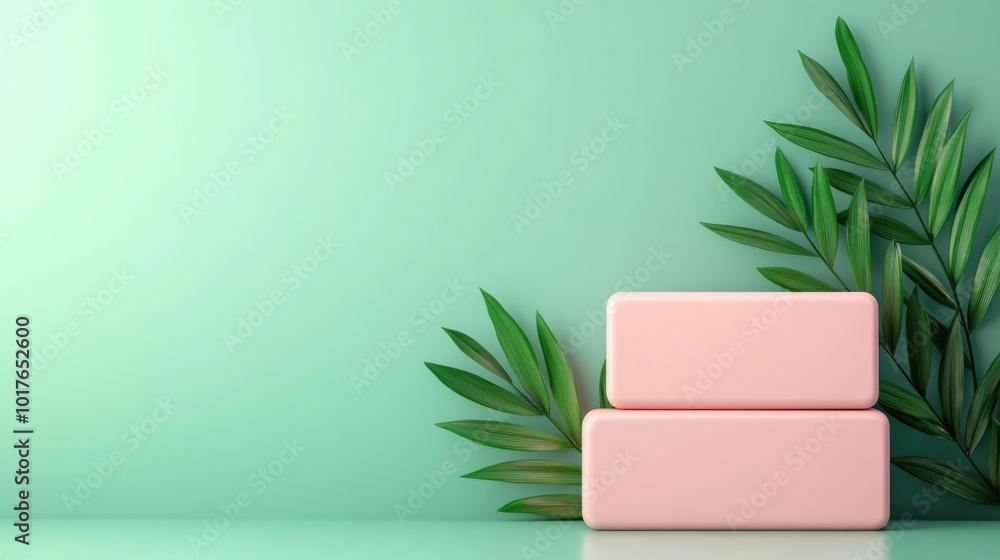 Vibrant 3D showcasing an eco friendly organic soap packaging design with botanical elements like green leaves  Depicting a modern minimalist