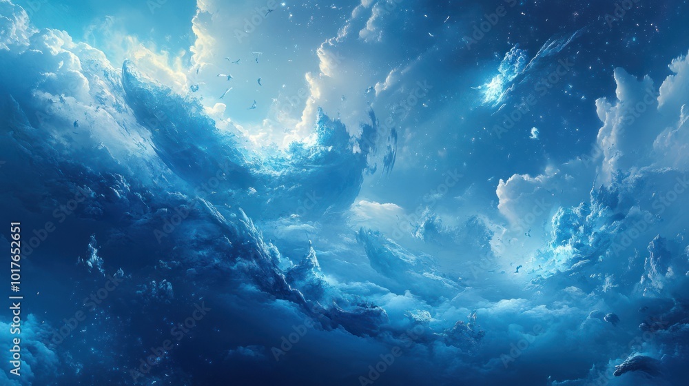 Fototapeta premium Blue abstract background with surreal dreamlike imagery: A dreamy blue landscape with fluid, surreal shapes, floating elements, and an ethereal atmosphere, evoking a sense of fantasy and imagination.