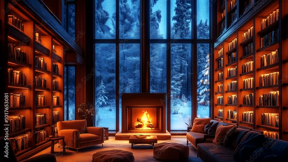 Grand library with high windows, cozy seating, and a glowing fireplace overlooking a snow-covered forest. Elegant winter reading retreat concept. Seamless time-lapse animation video background Grand library with high windows, cozy seating, and a glowing fireplace overlooking a snow-covered forest. Elegant winter reading retreat concept. Seamless time-lapse animation video background