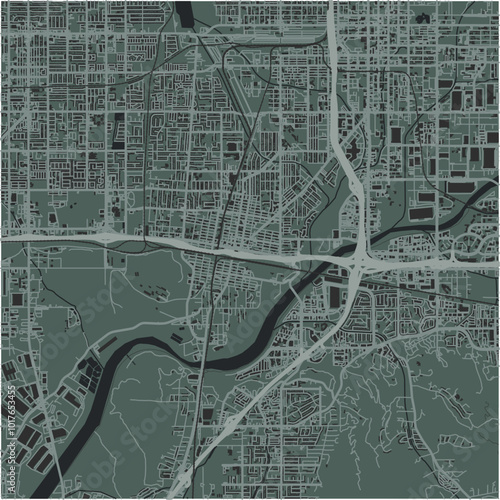 Map of Colton in California in a smooth dark style. Contains layered vector with roads water, parks, etc.