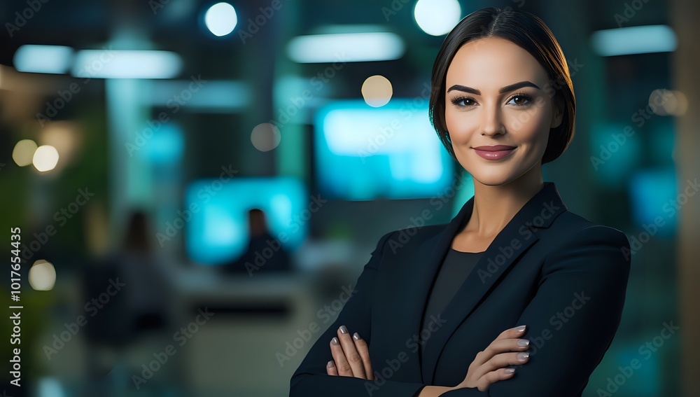 Confident businesswoman with arms crossed, standing in front of a blurred background. Confident businesswoman with arms crossed, standing in front of a blurred background.