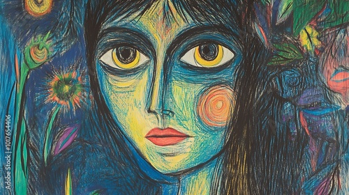 Abstract Portrait of a Woman with Yellow Eyes and Red Lips.