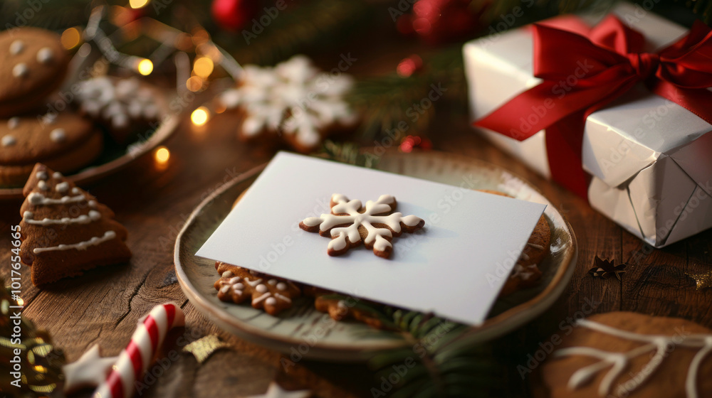 A festive scene with an assortment of empty gift cards and holiday cookies in the background, A festive scene with an assortment of empty gift cards and holiday cookies in the background,