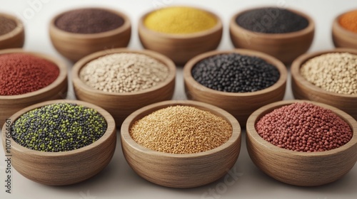 Diverse selection of healthy organic grains seeds and cereals presented in rustic wooden bowls 3D rendered with deep depth of field and natural textures