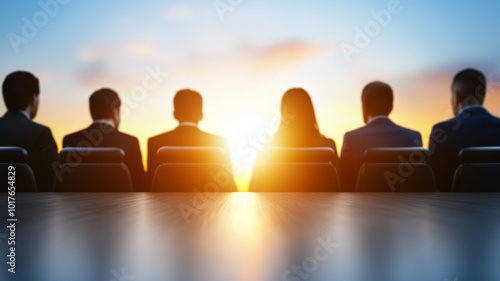 Business professionals watching a sunset during a meeting at an outdoor venue in the evening