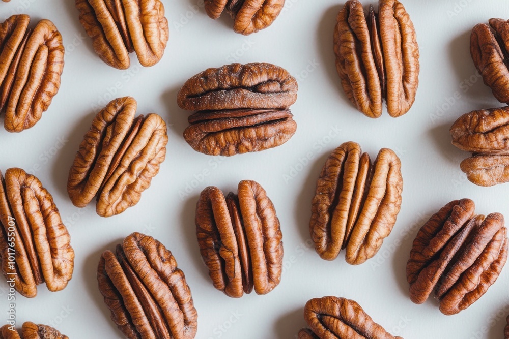 Whole pecan nuts arranged in an artistic pattern on a light surface Whole pecan nuts arranged in an artistic pattern on a light surface