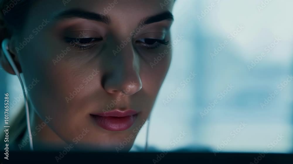 Focused woman working on laptop with earphones in modern office environment Focused woman working on laptop with earphones in modern office environment