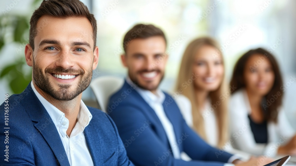 Smiling professionals in a meeting discussing strategies at a modern office during the afternoon Smiling professionals in a meeting discussing strategies at a modern office during the afternoon