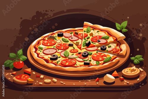 illustration of pizza with cheese, tomatoes and herbs