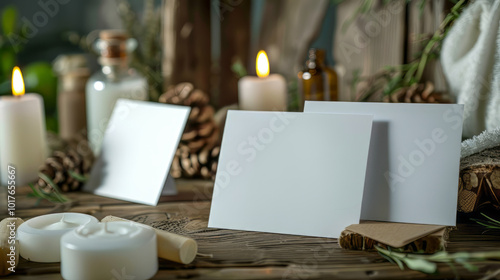 Empty greeting cards on a table with candles and spa oils, creating a relaxing ambiance for beauty centers