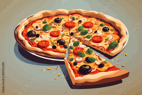 illustration of pizza with cheese, tomatoes and herbs