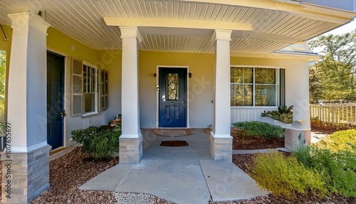 Beautiful front entrance of Southern home with covered porch