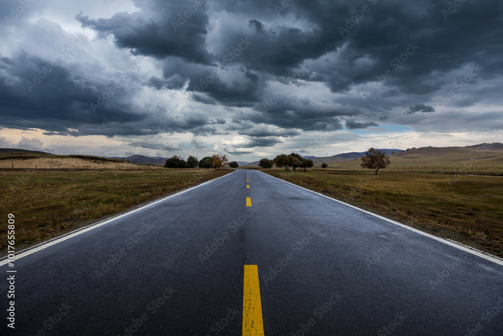 Naklejka premium Asphalt highway road with black rain clouds natural landscape before the rain storm. Road and sky nature background.
