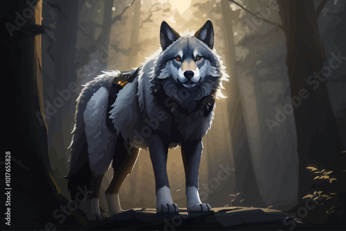 wolf in the forest at the sunset. high quality illustration