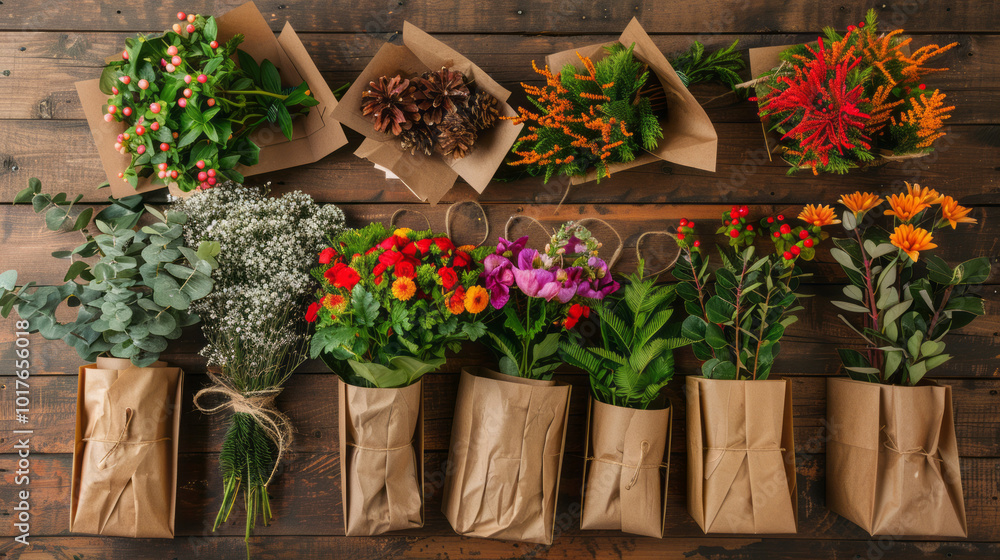 Rustic kraft greeting cards arranged with fresh flowers and holiday plants, ideal for local florists, Rustic kraft greeting cards arranged with fresh flowers and holiday plants, ideal for local florists,