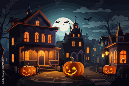 illustration of a halloween background with pumpkins and bats