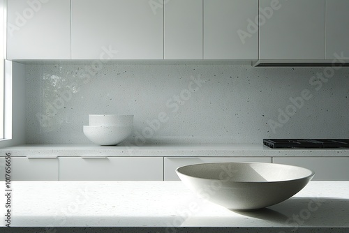 A minimalistic kitchen with white cabinetry and a single decorative bowl. Bright inviting light. Sleek background.