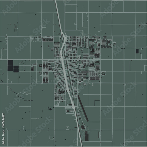 Map of Delano in California in a smooth dark style. Contains layered vector with roads water, parks, etc.