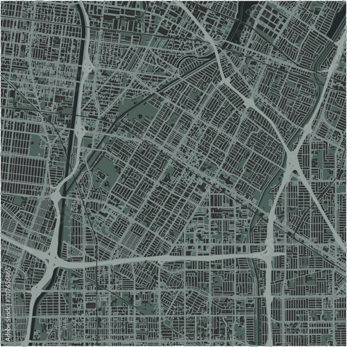 Map of Downey in California in a smooth dark style. Contains layered vector with roads water, parks, etc.