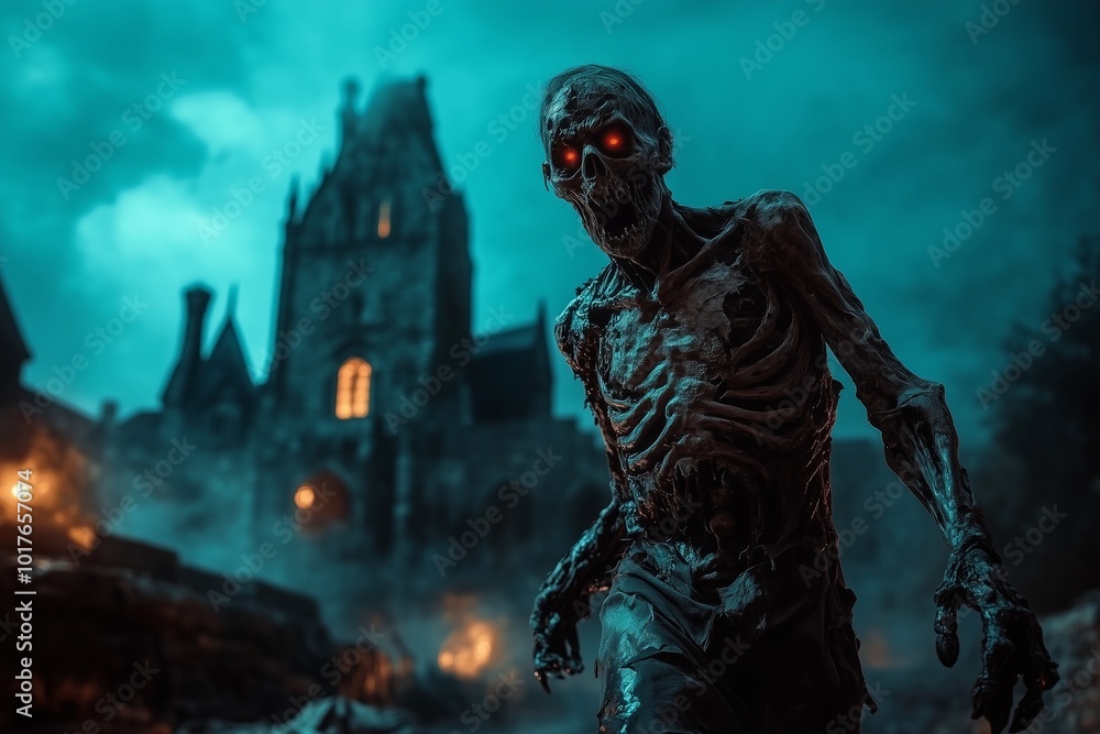scary zombie walking in the night, in front of the spooky castle by generative ai scary zombie walking in the night, in front of the spooky castle by generative ai
