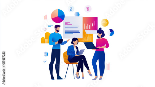 A presentation on digital transformation solutions, with team members reviewing case studies and successful business models.