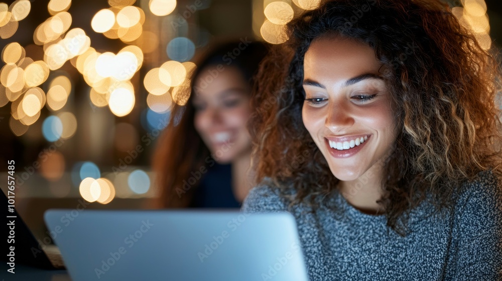 Young woman enjoying her laptop in a cozy café illuminated by warm lights during the evening Young woman enjoying her laptop in a cozy café illuminated by warm lights during the evening