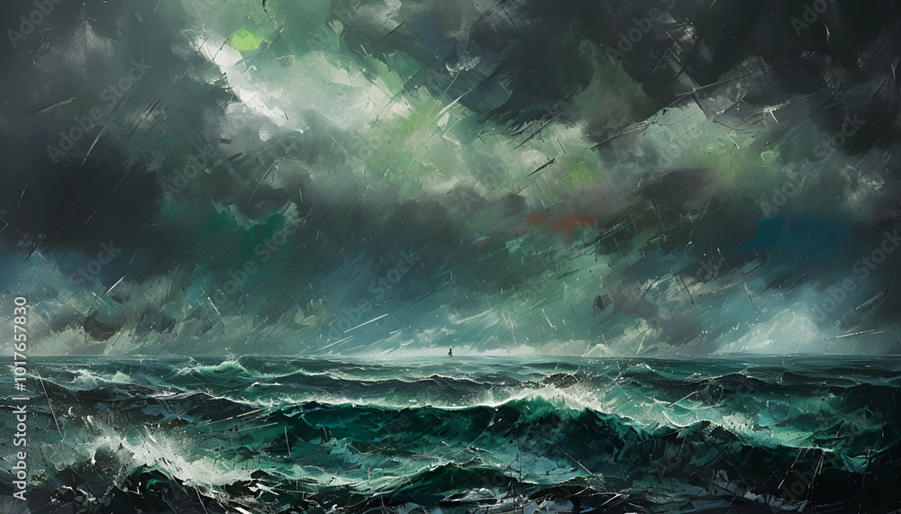 Stormy sea with turbulent waves and dark clouds overcast in a dramatic maritime scene during twilight with a figure hovering in the distance Stormy sea with turbulent waves and dark clouds overcast in a dramatic maritime scene during twilight with a figure hovering in the distance